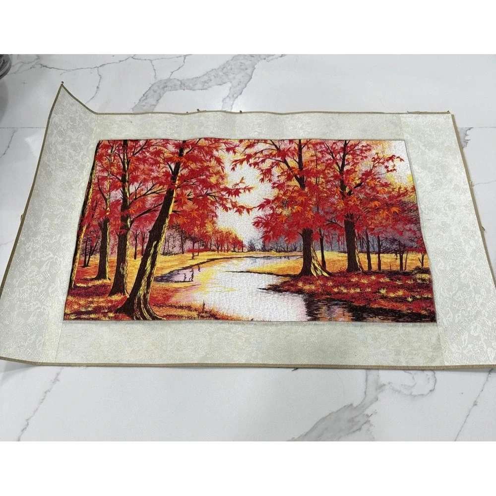 Autumn Red Trees River Landscape Embroidered Tapestry‎ Fabric Wall Art Panel
